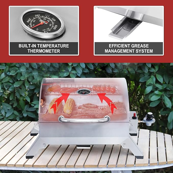 Royal Gourmet GT1001 Stainless Steel Portable Grill, 10000 BTU BBQ Tabletop Gas Grill with Folding Legs and Lockable Lid,