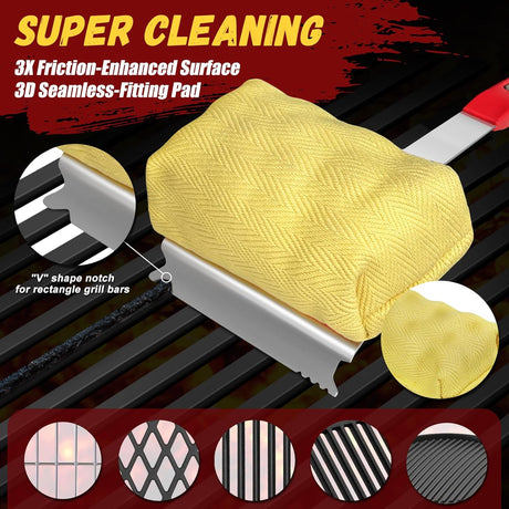 Steam Safe Grill Cleaning Brush Bristle Free and Scraper for Outdoor Grill with 15" Extended Handle, 3X Thick Aramid Fabric