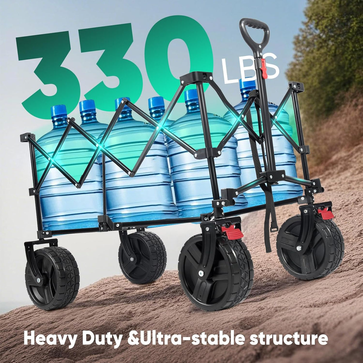 Collapsible Wagon Cart with Big All-Terrain Beach Wheels, Foldable Heavy Duty Wagons with Cup Holders, Utility Carts for