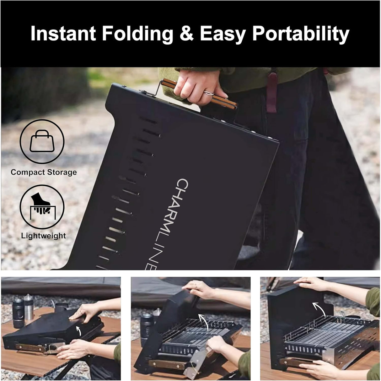 Charmline 19x13in Foldable Portable Grill Charcoal, Compact Grills for Outdoor Use, Desktop Charcoal Grill for Indoor Use,