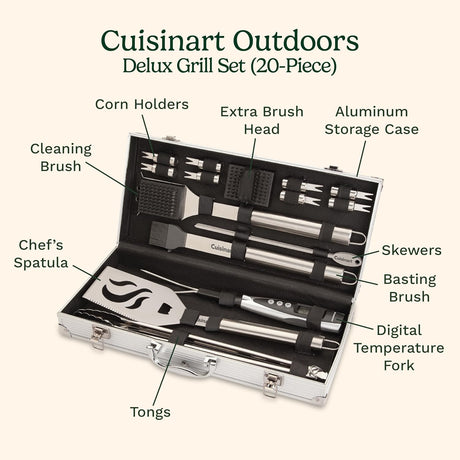 Cuisinart Deluxe Grill Tool Set, 20-Piece Grill Tools BBQ Accessories with Aluminum Case & Digital Temperature Fork,