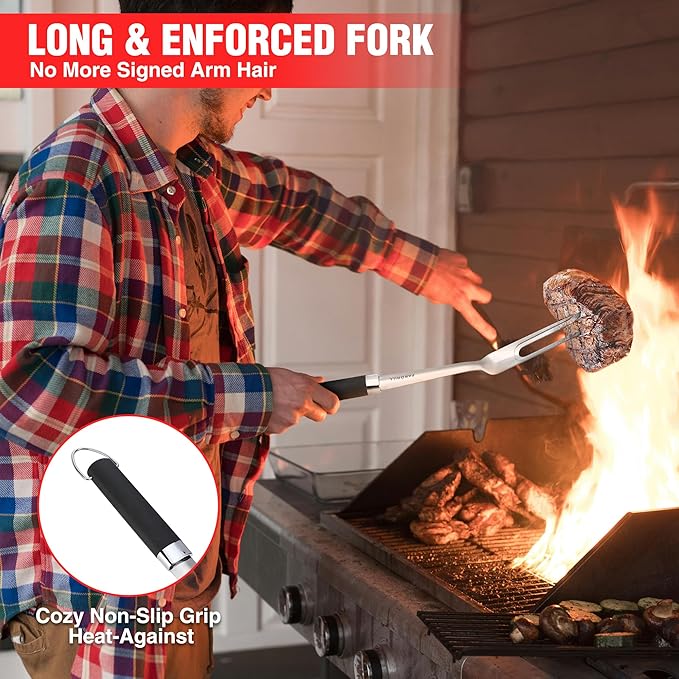 Grill Accessories Heavy Duty BBQ Set Gifts for Men/Women - Premium Stainless Steel Spatula, Fork, Brush & Tongs, Barbecue