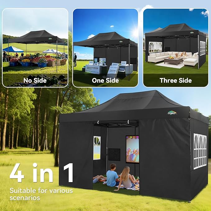 COBIZI 10x15 Pop up Canopy Tent Heavy Duty with 4 Sidewalls, Easy Set-up Commercial Outdoor Party Tent, 100% Waterproof