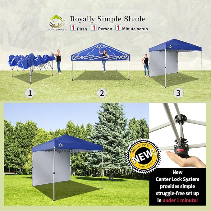 CROWN SHADES 8x8 Pop Up Canopy with 1 Side Wall - Beach Tent with One Push Setup - Outdoor Sun Shade for Events, Parties,