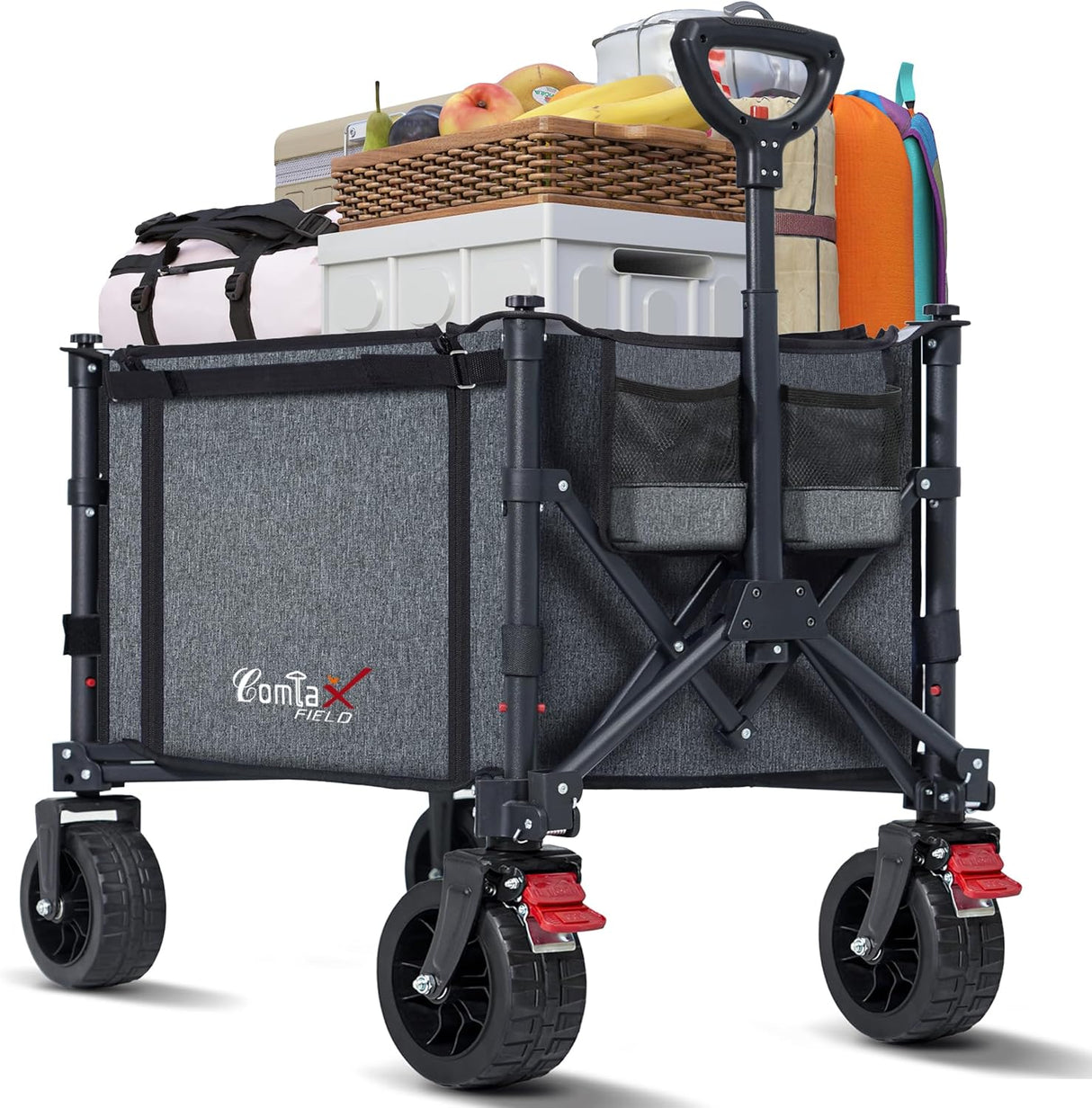 Collapsible Wagon Cart Foldable with Big Wheels Brakes, 250lbs Folding Utility Lightweight Garden Wagon, Portable Grocery