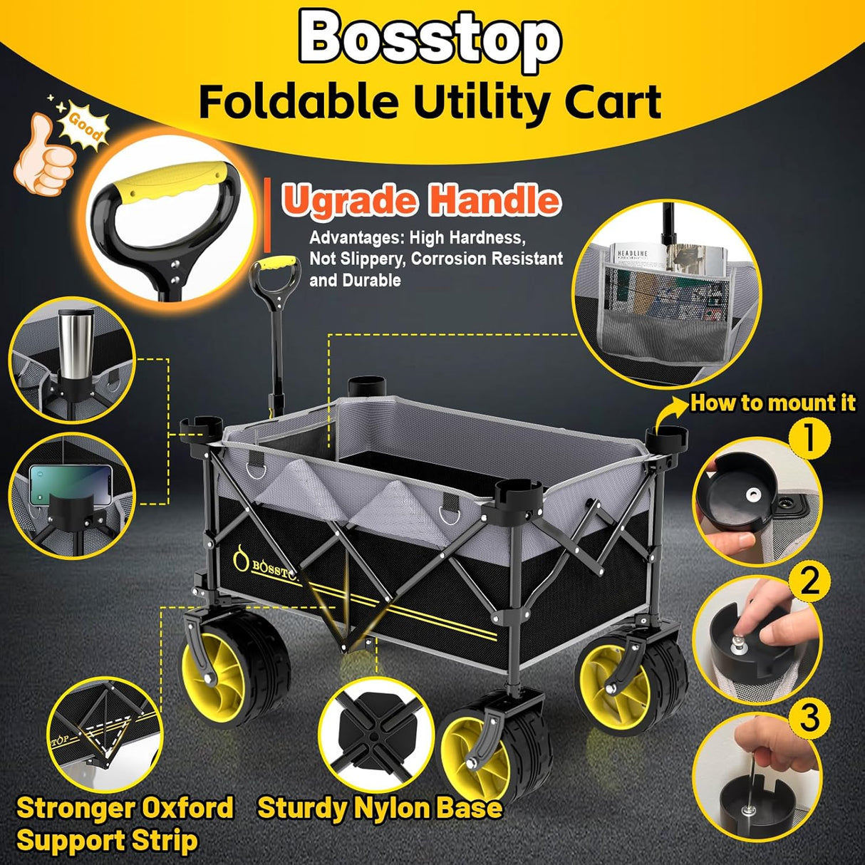 Collapsible Extended Wagon with Big All-Terrain Wheels 350LB& Oversized Outdoor Heavy Duty Utility Garden Cart Foldable