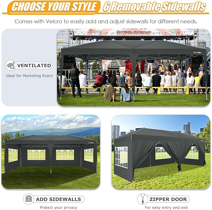 HOTEEL 10x20 Pop up Canopy with 6 Sidewalls, One Push Instant Setup Outdoor Canopy Tent with Reinforce Rod, Weight Bag, for