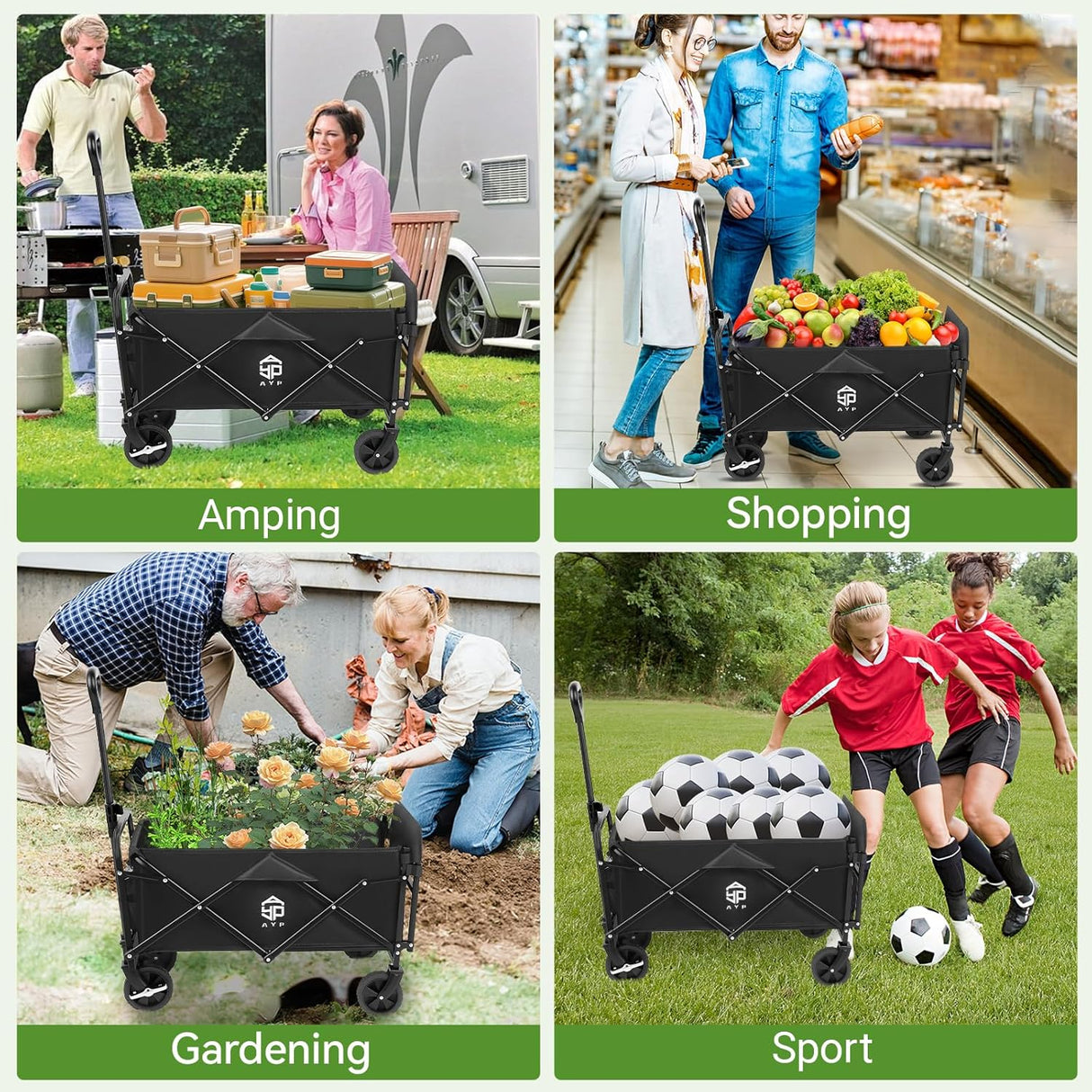 AYP Collapsible Wagon Cart Foldable with Wheels, Beach Wagon with Extended Tailgate & Brake, Heavy Duty Rolling Carts for