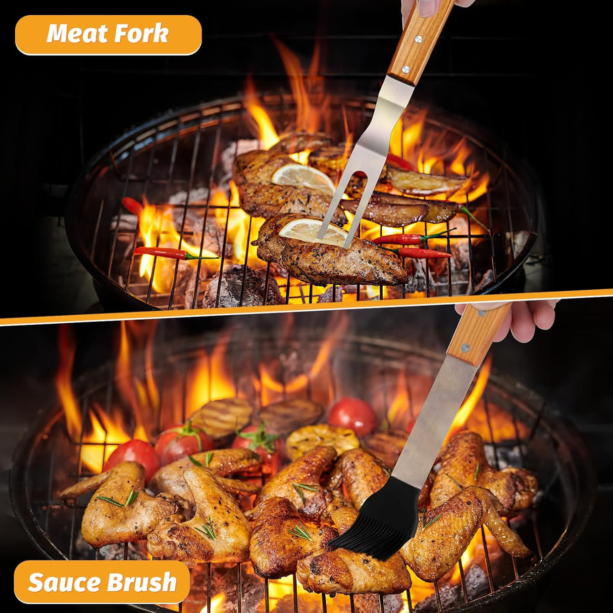 PURPLEBIRD Grill Utensils Set with Brush - 5pcs Grilling Tools Set with Bag Apron, Heavy Duty BBQ Tool Sets with Long Wood