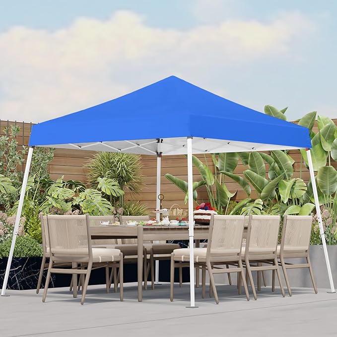 10x10 Pop Up Canopy, 300D Silver Coated Blue Fabric Outdoor Gazebo, Beach Tent Slant Legs with Storage Bag,Easy Up Sun Shade