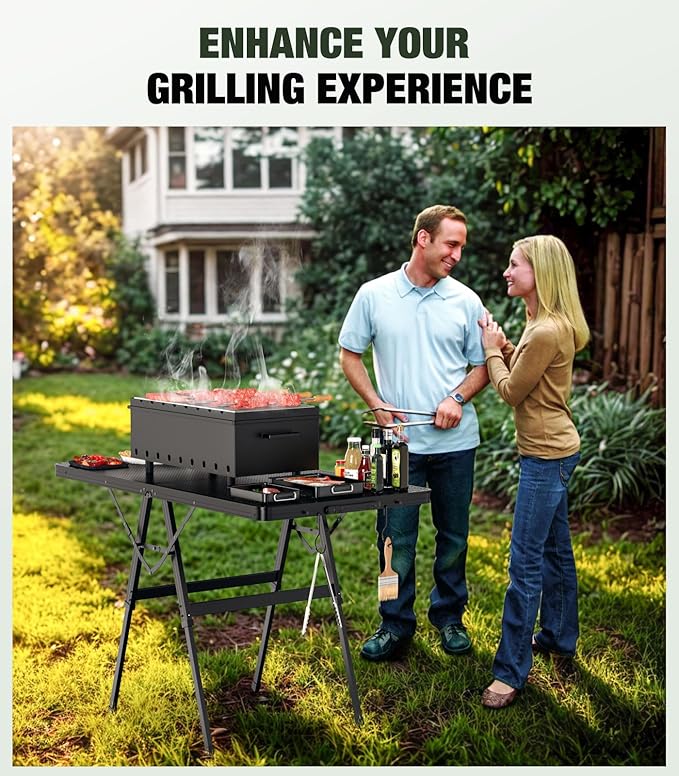 Foldable Grill Table with Mesh Desktop, 200lbs 4Ft Portable Folding Table, Height Adjustable Metal Table for Ourdoor,
