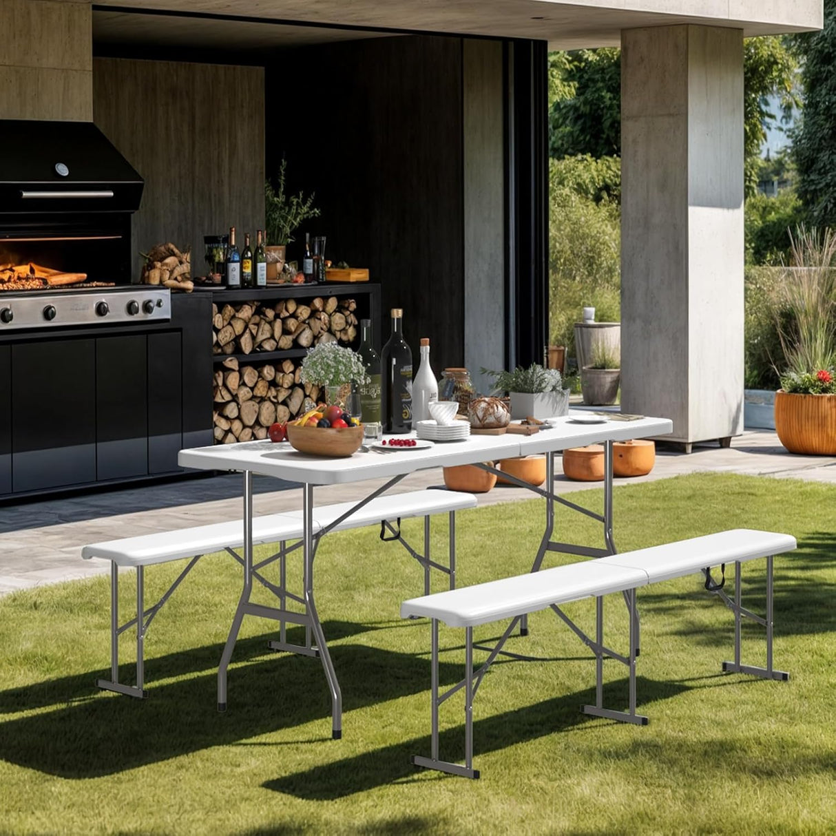 6ft Folding Table, Outdoor Foldable Table with HDPE Tabletop, Safety Locks, Easy to Carry and Store, No-Assembly Camping