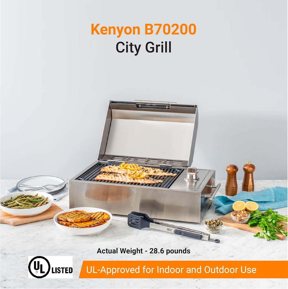 Kenyon B70200 City Grill, Portable Grill, Stainless Steel, Single Burner, Knob Control, Faceted Lid, UL Approved For Use