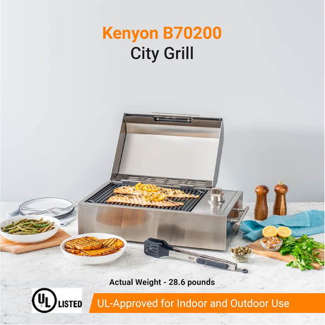 Kenyon B70200 City Grill, Portable Grill, Stainless Steel, Single Burner, Knob Control, Faceted Lid, UL Approved For Use