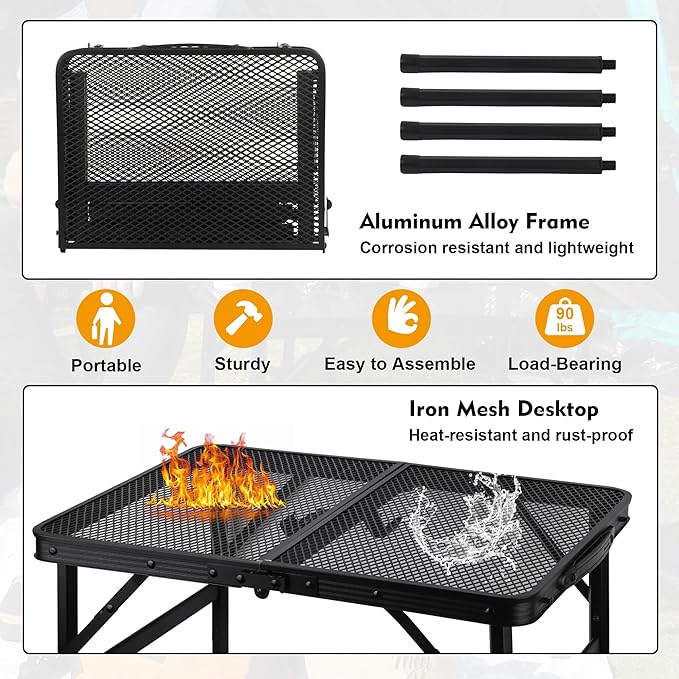 Camping Table with Mesh Desktop, Lightweight & Portable Small Folding Grill Table, Height Adjustable Metal Outdoor Table for