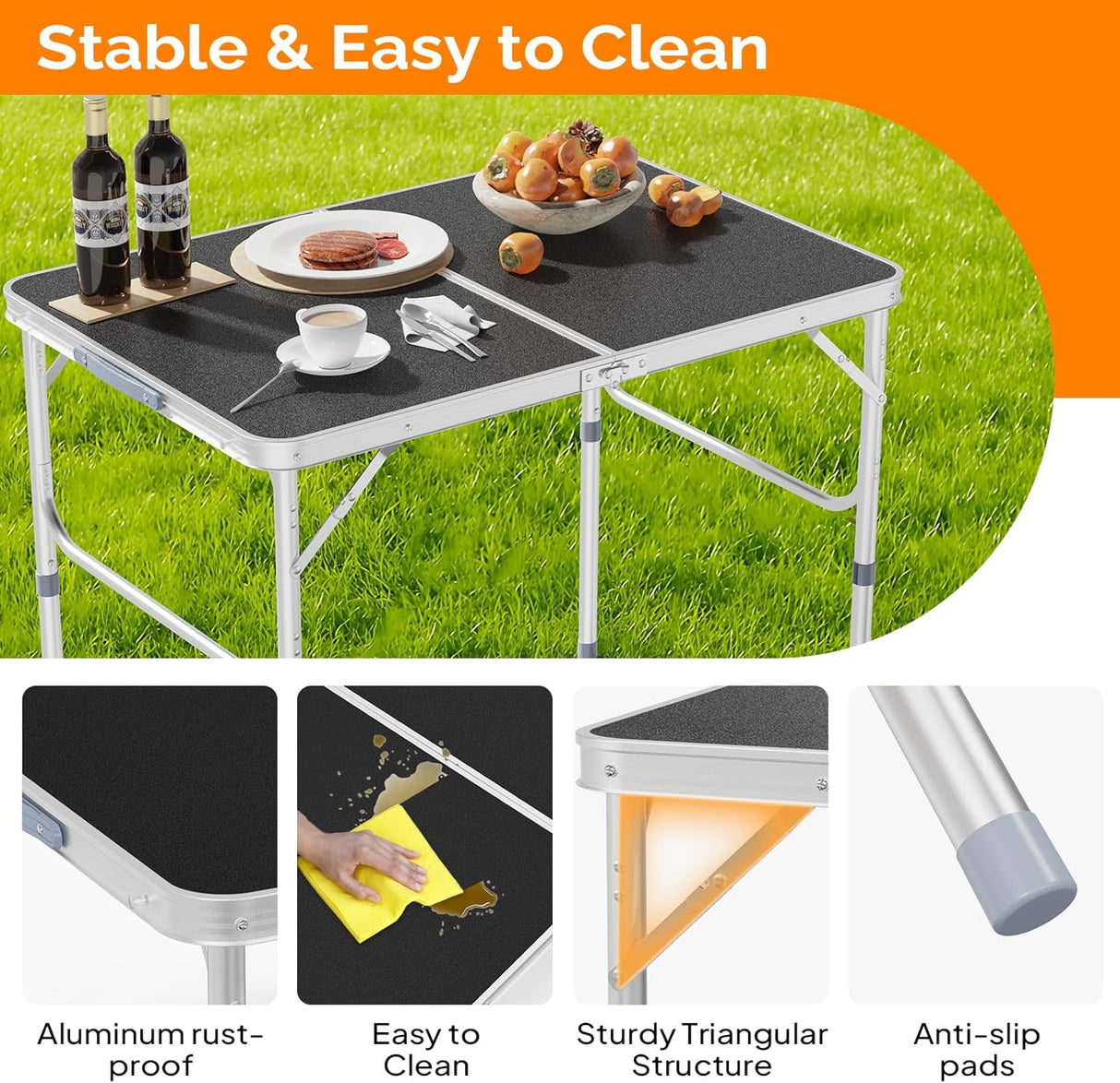 VINGLI 3FT Small Camping Table Adjustable Height Aluminum Folding Table for Picnic Party BBQ, Plastic RV Suitcase Table
