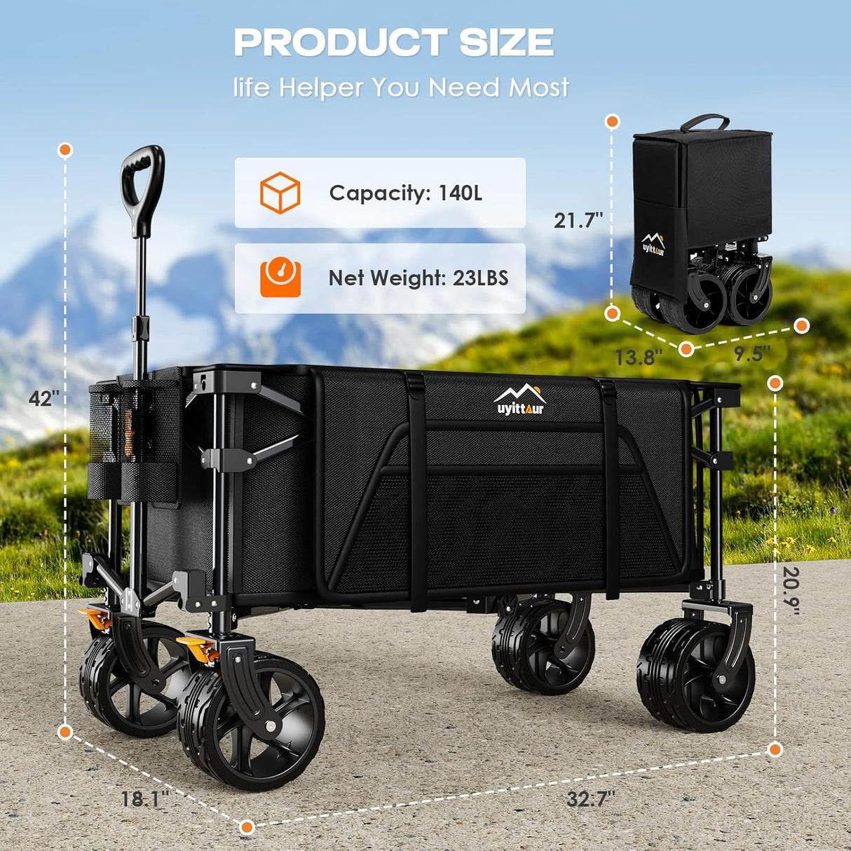 Collapsible Wagon Cart Heavy Duty Foldable, Folding Beach Wagon with Big Wheels for Sand, Utility Grocery Cart with Side