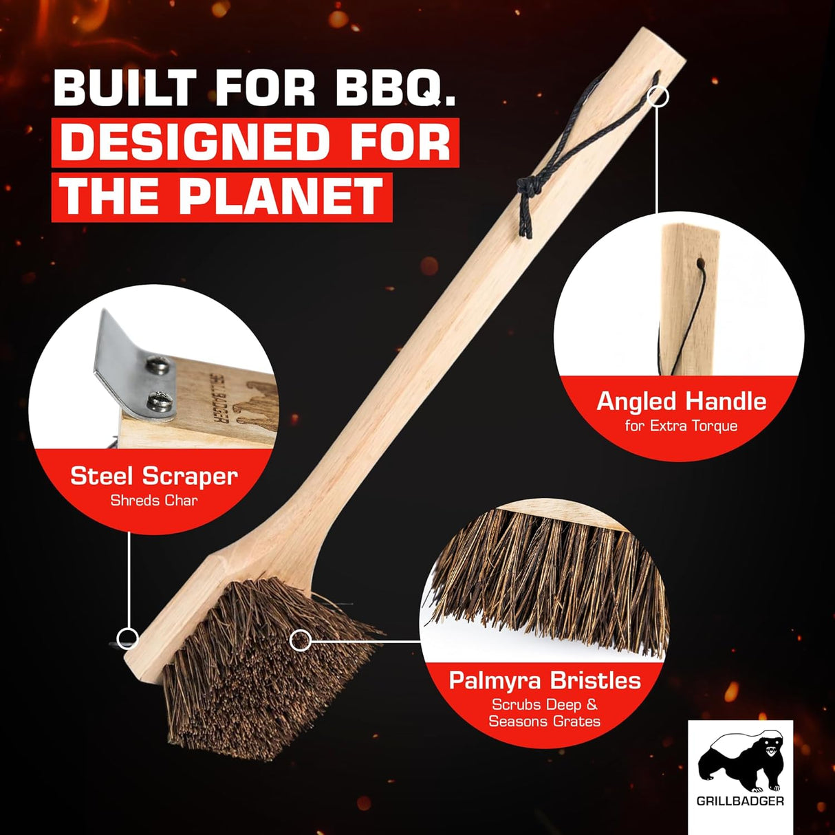 Natural Grill Brush Non Metal Bristles - Durable Non Metal Grill Brush Outdoor Grills Wooden Handle BBQ Cleaning Non-Wire