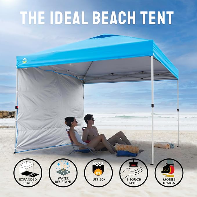 CROWN SHADES 10x10 Pop Up Canopy with 1 Side Wall - Beach Tent with One Push Setup - Outdoor Sun Shade for Events, Parties,