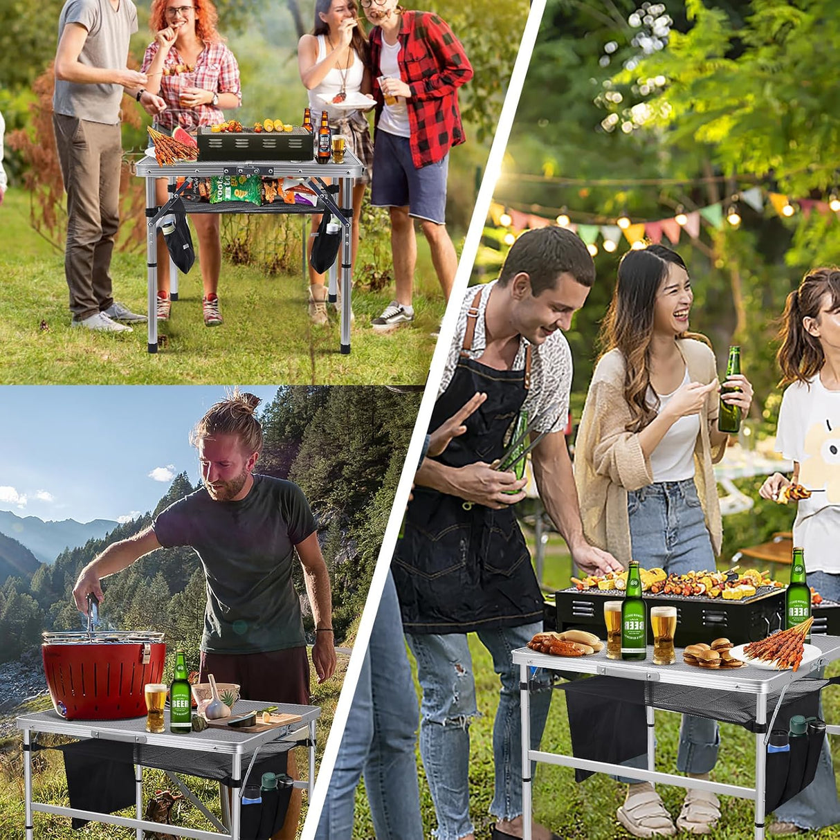 Nice C Square Table for Grill, Folding Table, Camping Table, Outdoor Table, Card Table, Height Adjustable, Mesh Bag