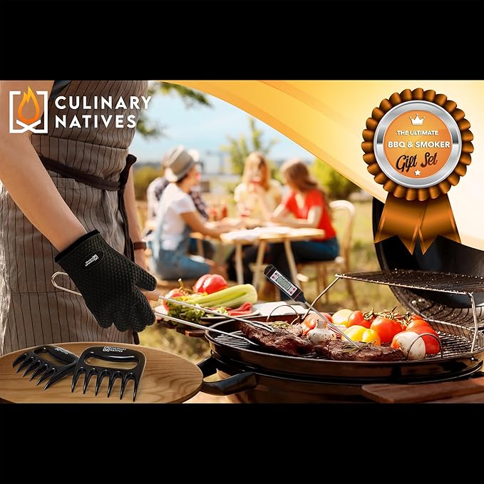 Meat Claws and Smoker Gloves | No.1 Heat Resistant BBQ Grill Gloves | Pulled Pork Claws | Thermometer | Silicone Oven Mitts