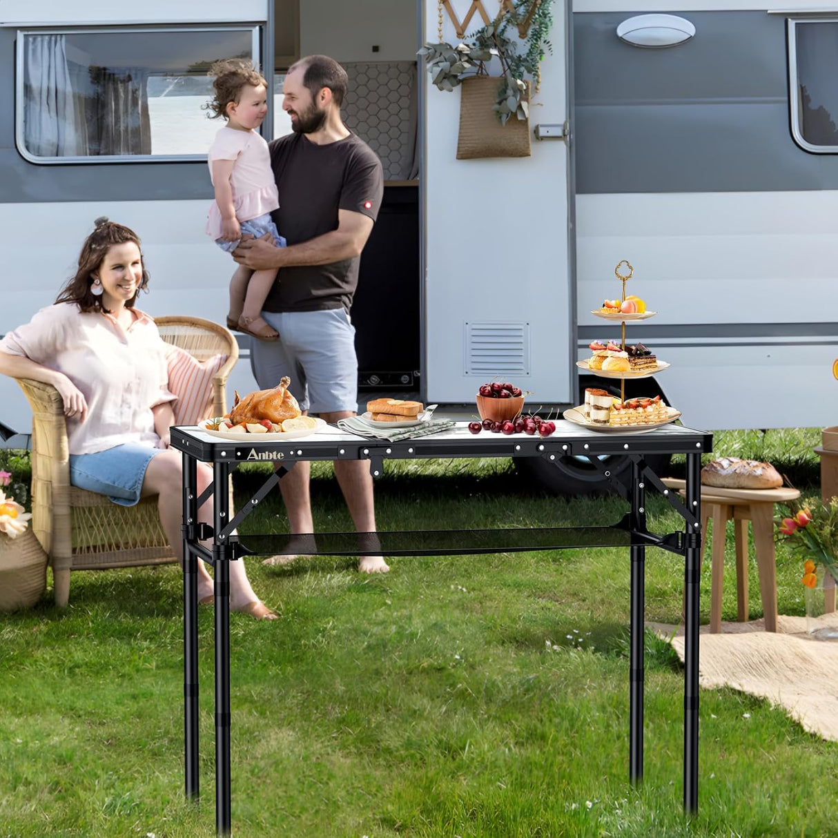 Folding Camping Table, Aluminum Small Folding Table 3 Adjustable Height Max 27.5", Portable Table with Carry Handle,