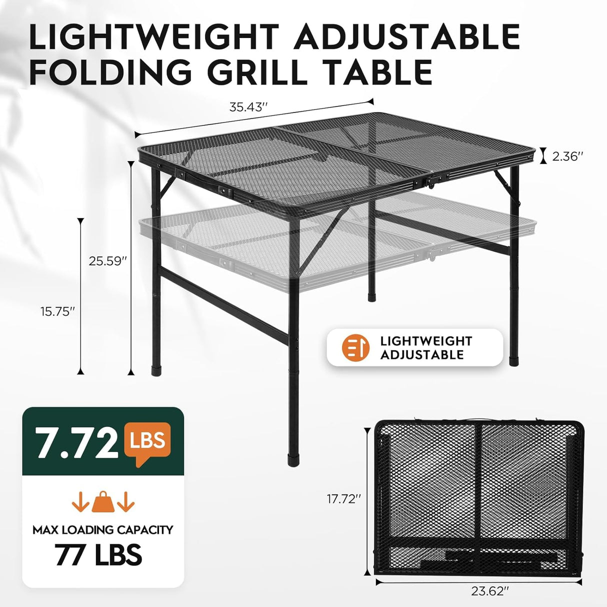 3x2 FT Folding Grill Table, Portable Camping Table for Outside, Adjustable Height Folding Table with Desktop & Mesh Bag,