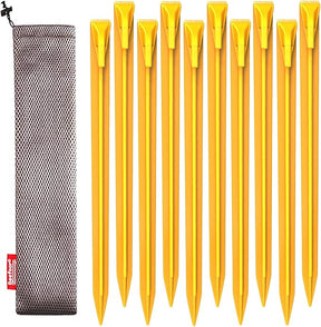 10-Pack Plastic Tent Stakes - 12-Inch Heavy Duty Canopy Anchoring Pegs for Camping, Gardening, Landscaping, Backpacking -