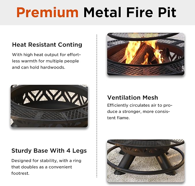 Red Mountain Valley 47" Outdoor Fire Pit with Adjustable Grill, 2-in-1 Metal Outdoor Fireplaces, Large Patio Wood Burning