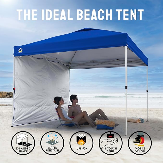 CROWN SHADES 10x10 Pop Up Canopy with 1 Side Wall - Beach Tent with One Push Setup - Outdoor Sun Shade for Events, Parties,