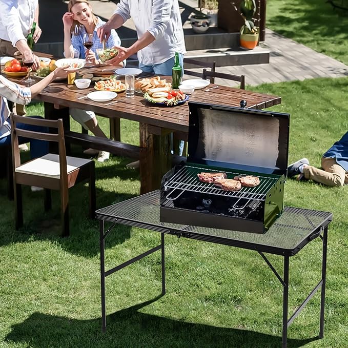 Folding Grill 3x2 FT Portable Camping Table, Lightweight Height Adjustable Metal Picnic Outdoor Table with Mesh Desktop and