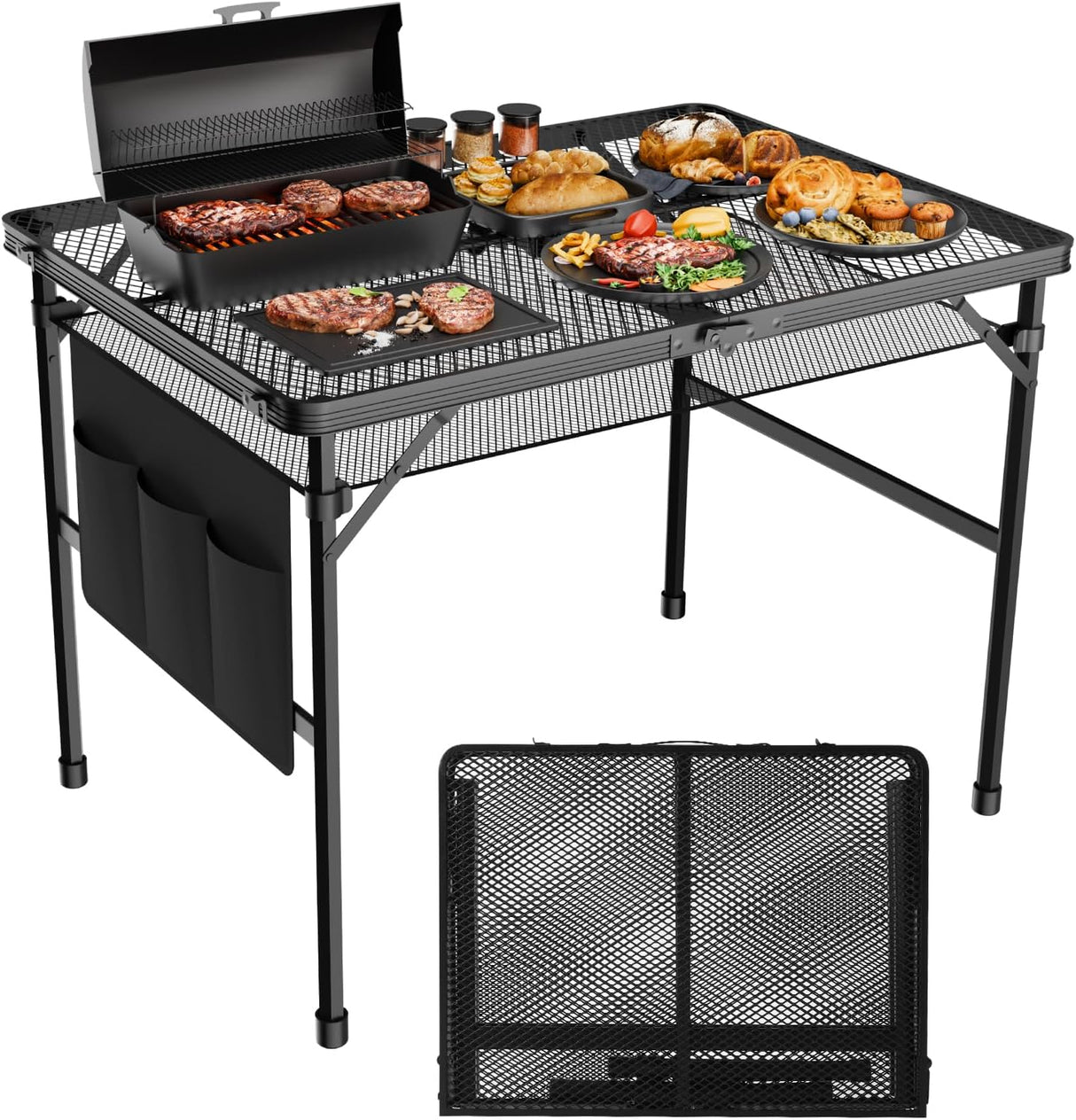 3x2 FT Folding Grill Table, Portable Camping Table for Outside, Adjustable Height Folding Table with Desktop & Mesh Bag,