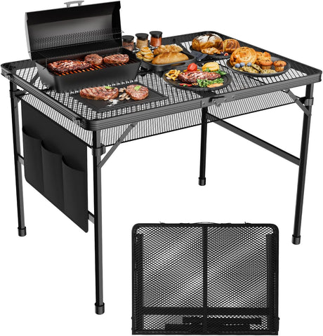 3x2 FT Folding Grill Table, Portable Camping Table for Outside, Adjustable Height Folding Table with Desktop & Mesh Bag,