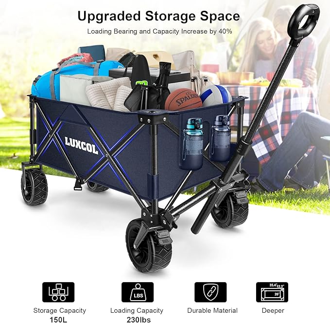 LUXCOL Collapsible Folding Wagon, Heavy Duty Utility Beach Wagon Cart for Sand with Big Wheels, Adjustable Handle&Drink