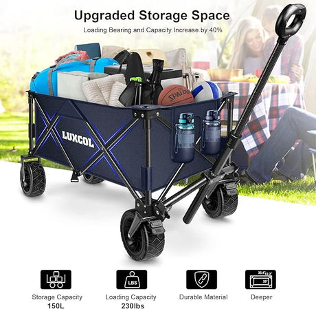 LUXCOL Collapsible Folding Wagon, Heavy Duty Utility Beach Wagon Cart for Sand with Big Wheels, Adjustable Handle&Drink