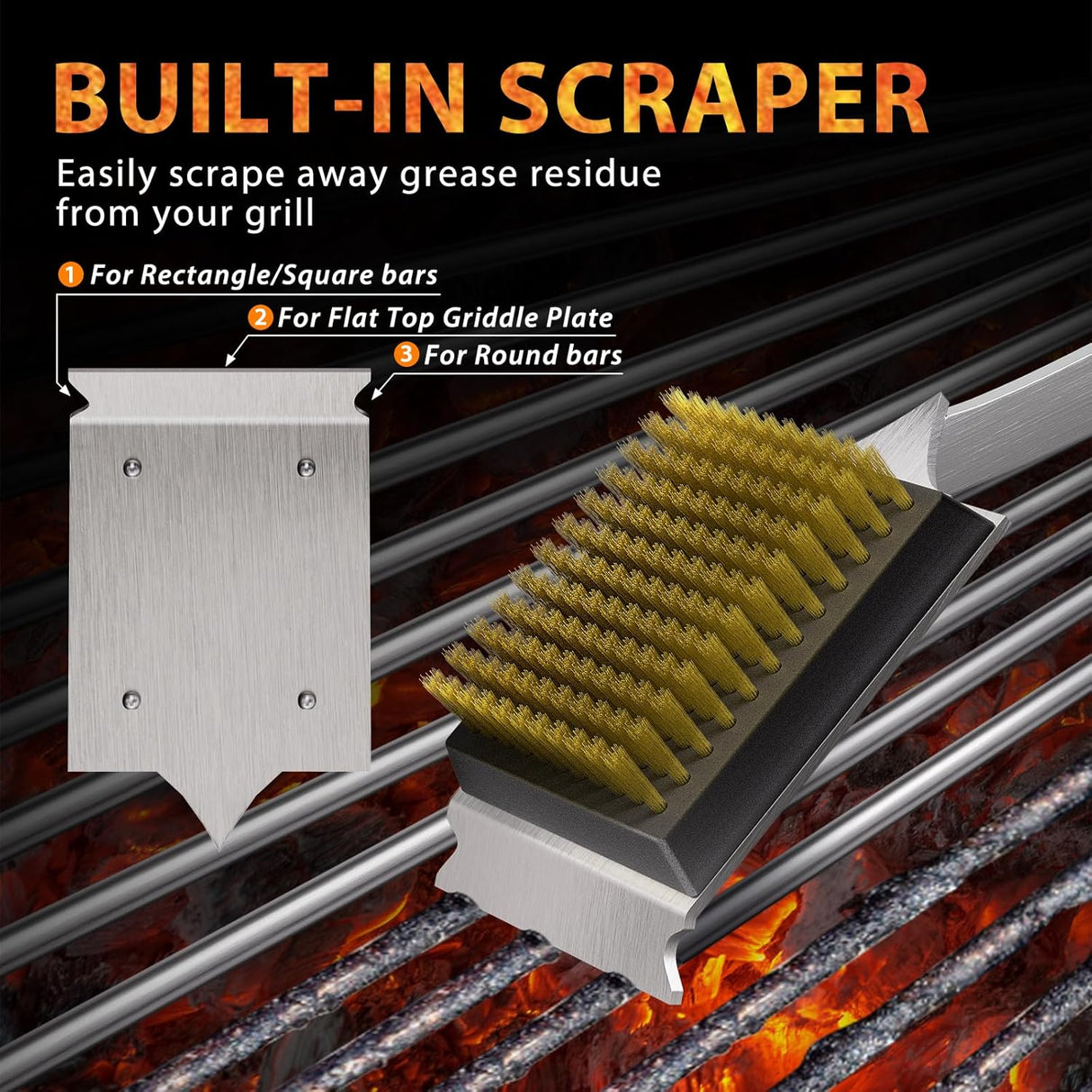 ENLOY Grill Brush and Scraper for Barbecue, 17" Grill Brush for Outdoor Grill, Extended Rosewood Handle and 2 Replaceable