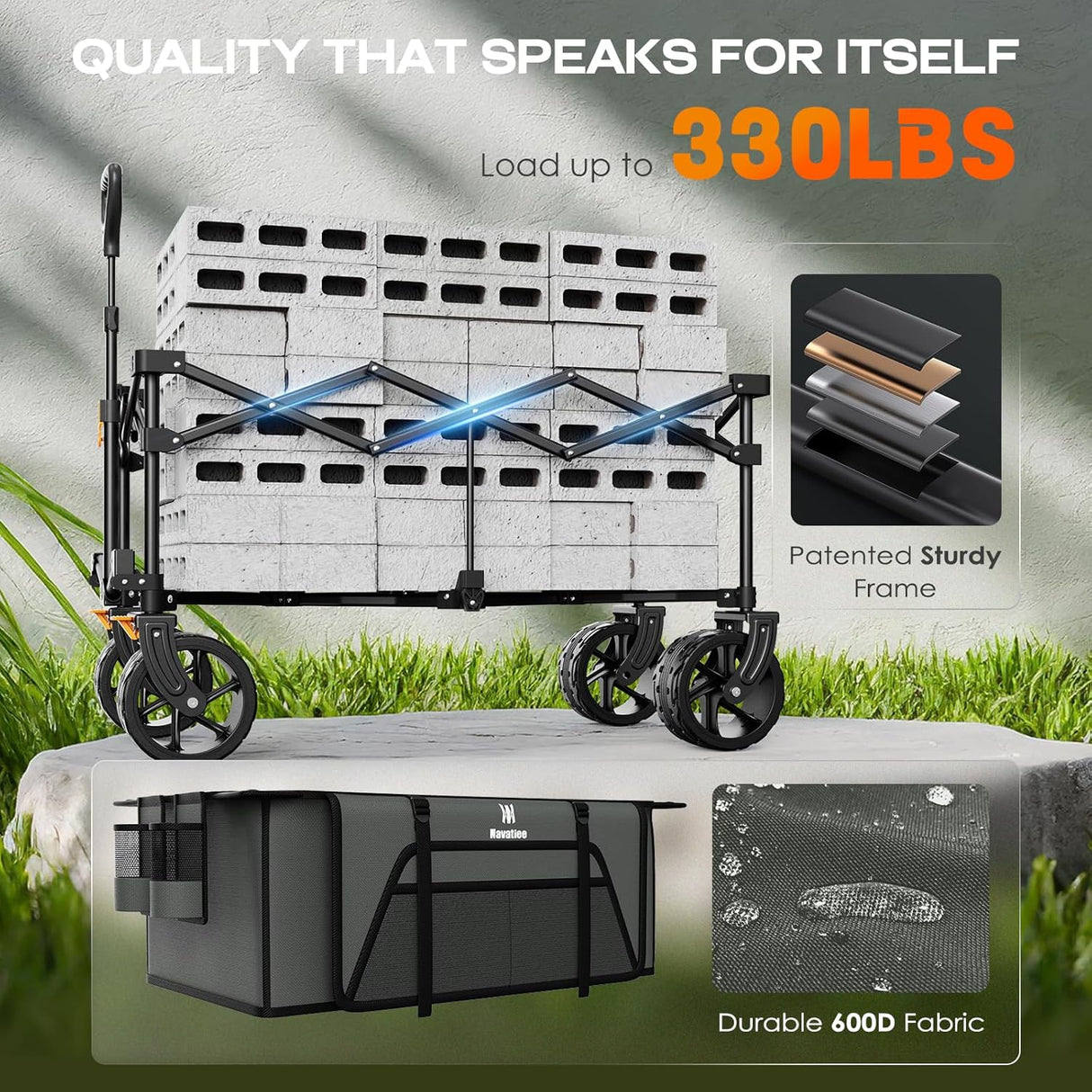 Navatiee Big Wheels Collapsible Wagon Cart Foldable, Heavy Duty Beach Wagon with Silent All-Terrain Wheels, Folding Utility