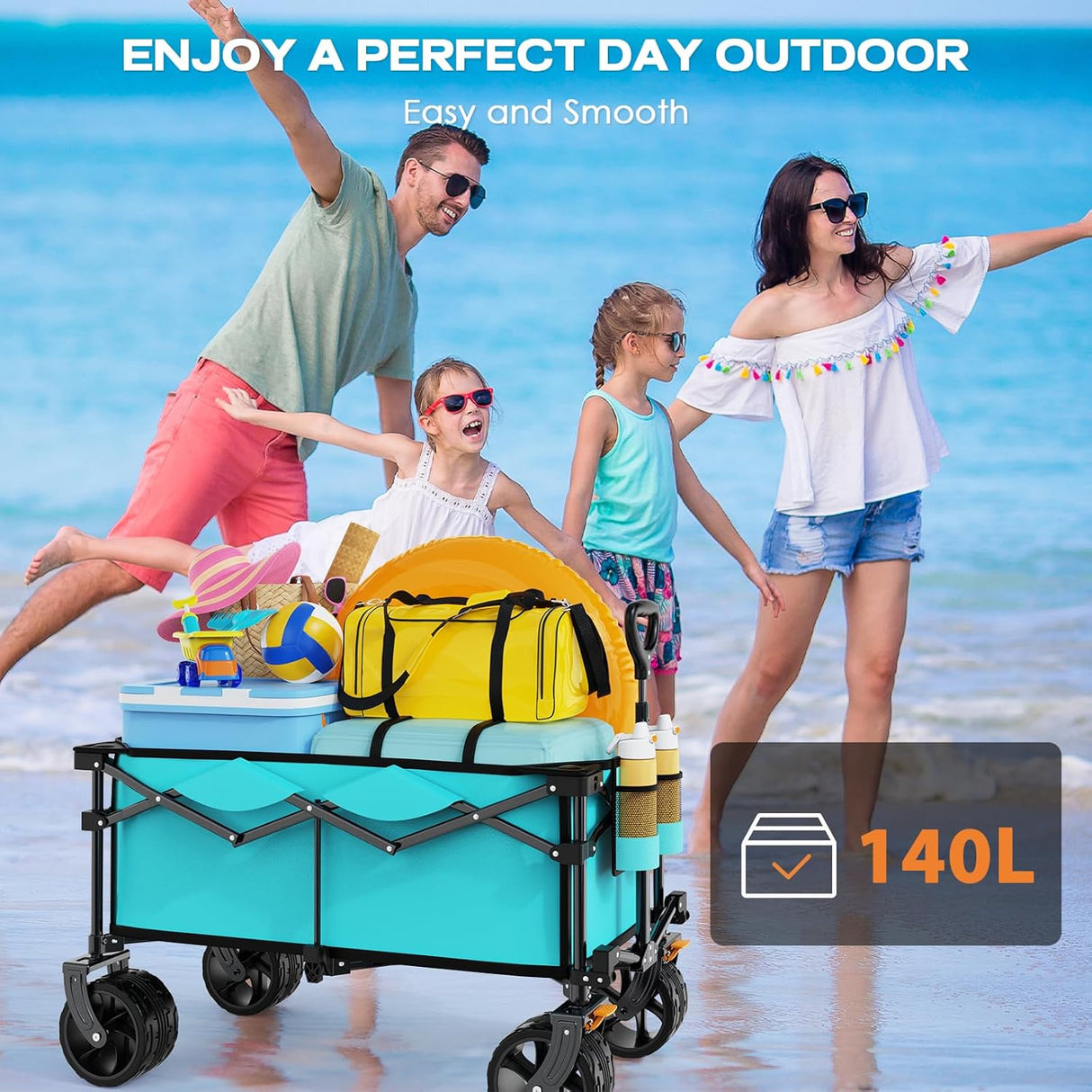 Collapsible Wagon Cart Heavy Duty Foldable, Folding Beach Wagon with Big Wheels for Sand, Utility Grocery Cart with Side