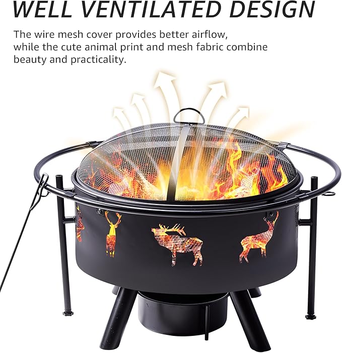 NATURAL EXPRESSIONS 32 Inch Large Fire Pit with 2 Grills, Outdoor Wood Burning Fire Pit with Cooking Grate, Lid, Poker and