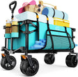 Collapsible Wagon Cart Heavy Duty Foldable, Folding Beach Wagon with Big Wheels for Sand, Utility Grocery Cart with Side