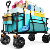 Collapsible Wagon Cart Heavy Duty Foldable, Folding Beach Wagon with Big Wheels for Sand, Utility Grocery Cart with Side
