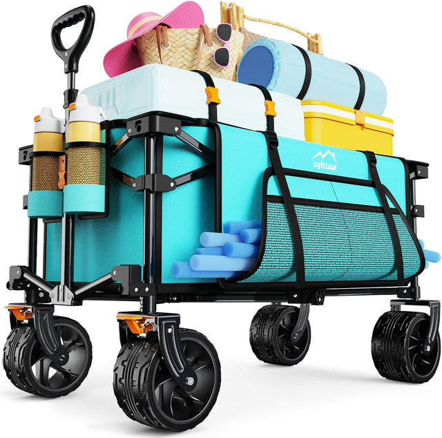 Collapsible Wagon Cart Heavy Duty Foldable, Folding Beach Wagon with Big Wheels for Sand, Utility Grocery Cart with Side