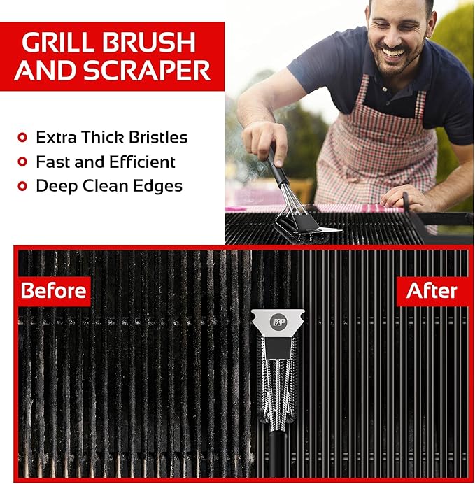 KITCHEN PERFECTION Safe Wire Grill Brush for Outdoor Grill w/Grill Scraper & Grill Mat Grill Cleaning Kit -Extended Handle