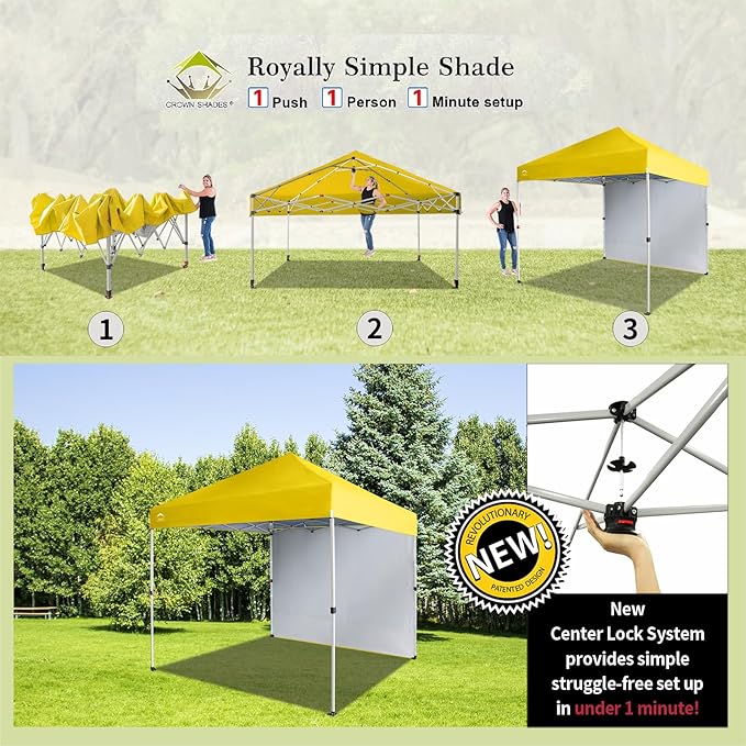 CROWN SHADES 8x8 Pop Up Canopy with 1 Side Wall - Beach Tent with One Push Setup - Outdoor Sun Shade for Events, Parties,