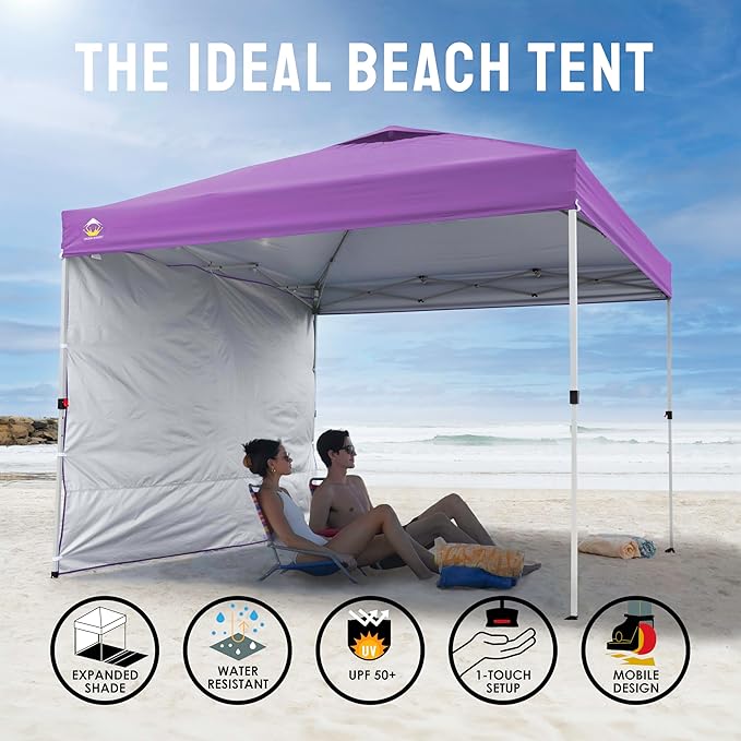 CROWN SHADES 10x10 Pop Up Canopy with 1 Side Wall - Beach Tent with One Push Setup - Outdoor Sun Shade for Events, Parties,