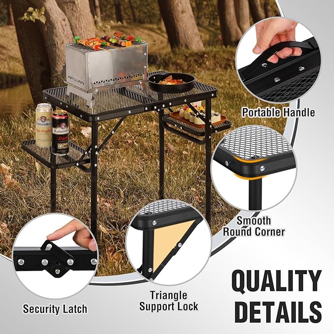 REDCAMP 35x16 Folding Grill Table for Outside with 2 Side Tables, 4 Adjustable Heights Portable Small Stand Table for