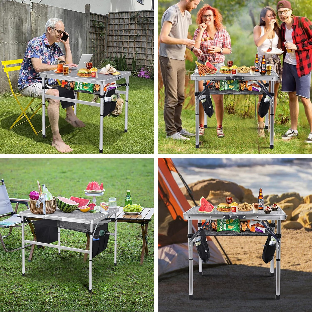 Nice C Square Table for Grill, Folding Table, Camping Table, Outdoor Table, Card Table, Height Adjustable, Mesh Bag