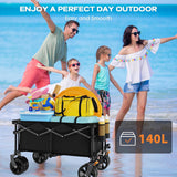 Collapsible Wagon Cart Heavy Duty Foldable, Folding Beach Wagon with Big Wheels for Sand, Utility Grocery Cart with Side