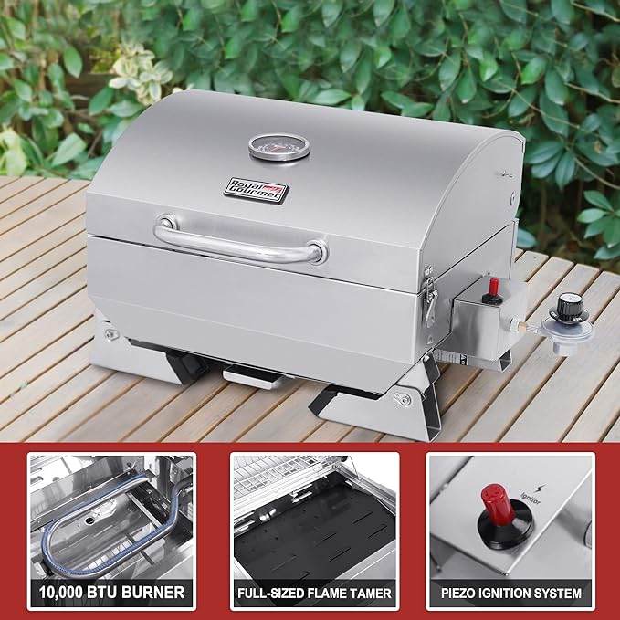 Royal Gourmet GT1001 Stainless Steel Portable Grill, 10000 BTU BBQ Tabletop Gas Grill with Folding Legs and Lockable Lid,