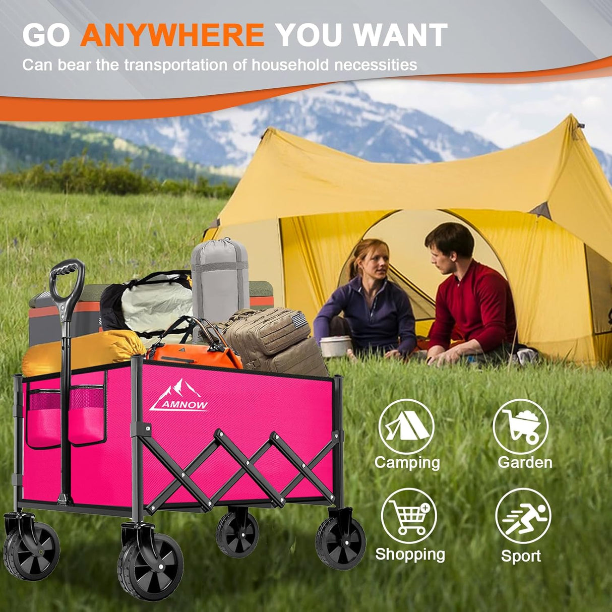 Collapsible Folding Wagon Cart, 350LBS Utility Large Capacity Cart Foldable Wagon with All Terrain Wheels, Grocery Wagons